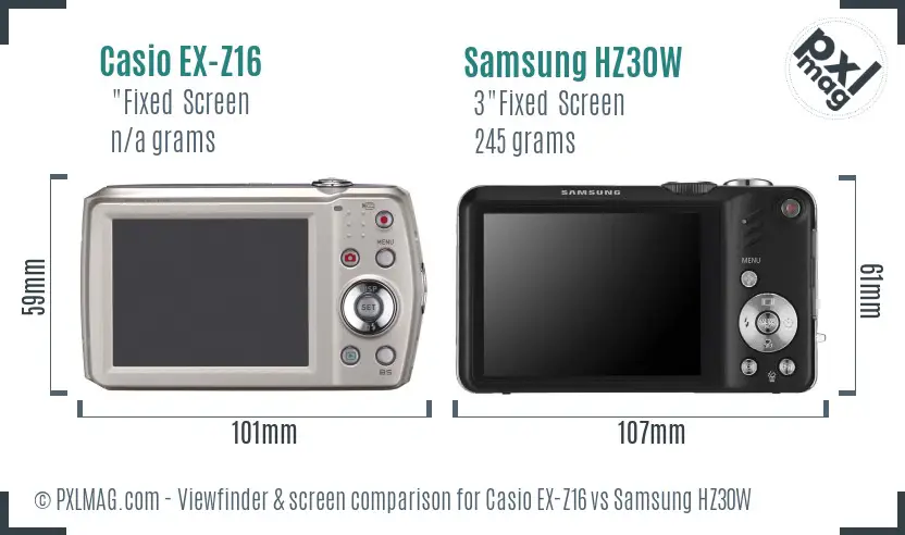 Casio EX-Z16 vs Samsung HZ30W Screen and Viewfinder comparison