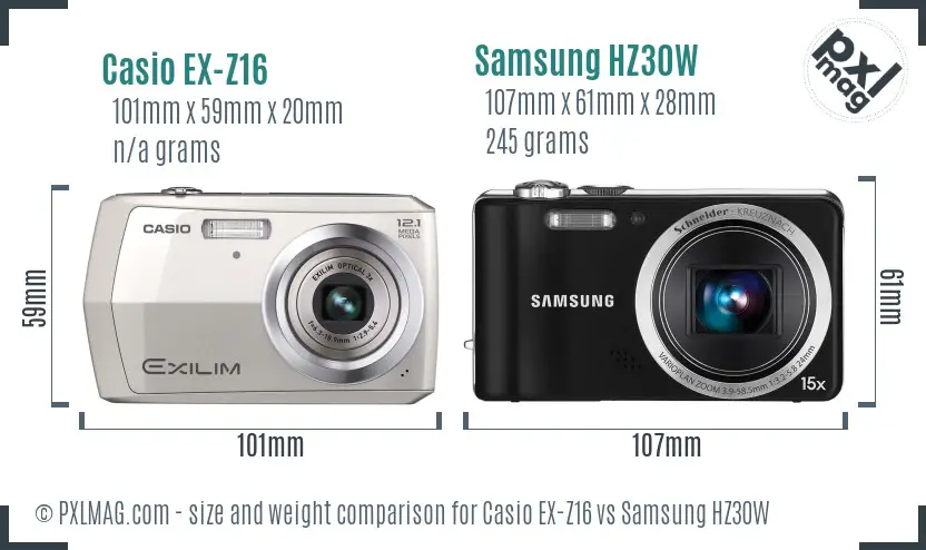 Casio EX-Z16 vs Samsung HZ30W size comparison