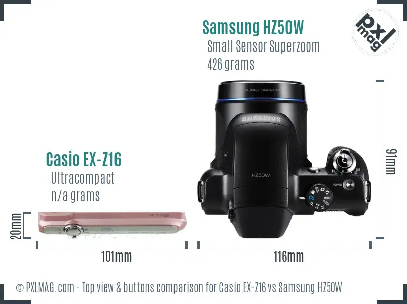Casio EX-Z16 vs Samsung HZ50W top view buttons comparison Casio EX-Z16 vs Samsung HZ50W top view buttons comparison