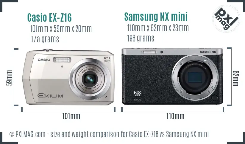 Casio EX-Z16 vs Samsung NX mini size comparison