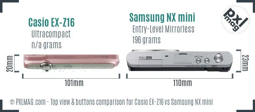 Casio EX-Z16 vs Samsung NX mini top view buttons comparison