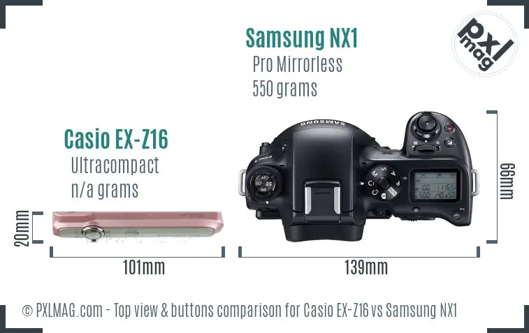 Casio EX-Z16 vs Samsung NX1 top view buttons comparison Casio EX-Z16 vs Samsung NX1 top view buttons comparison