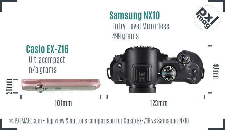 Casio EX-Z16 vs Samsung NX10 top view buttons comparison Casio EX-Z16 vs Samsung NX10 top view buttons comparison