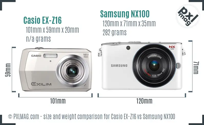 Casio EX-Z16 vs Samsung NX100 size comparison Casio EX-Z16 vs Samsung NX100 size comparison
