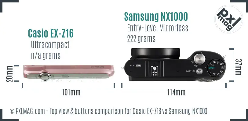 Casio EX-Z16 vs Samsung NX1000 top view buttons comparison