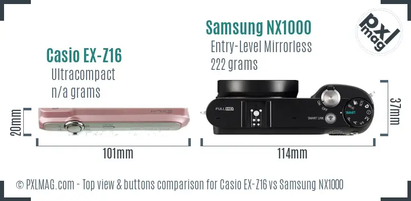 Casio EX-Z16 vs Samsung NX1000 top view buttons comparison Casio EX-Z16 vs Samsung NX1000 top view buttons comparison