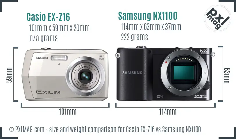 Casio EX-Z16 vs Samsung NX1100 size comparison