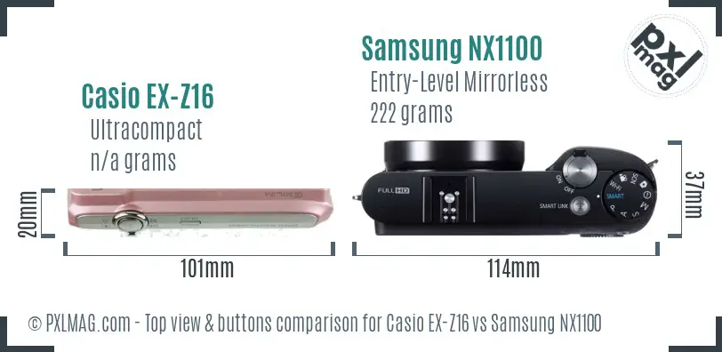 Casio EX-Z16 vs Samsung NX1100 top view buttons comparison