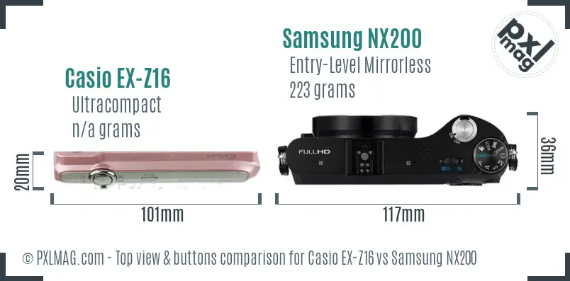 Casio EX-Z16 vs Samsung NX200 top view buttons comparison