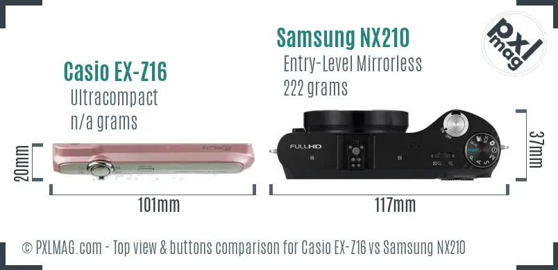 Casio EX-Z16 vs Samsung NX210 top view buttons comparison Casio EX-Z16 vs Samsung NX210 top view buttons comparison