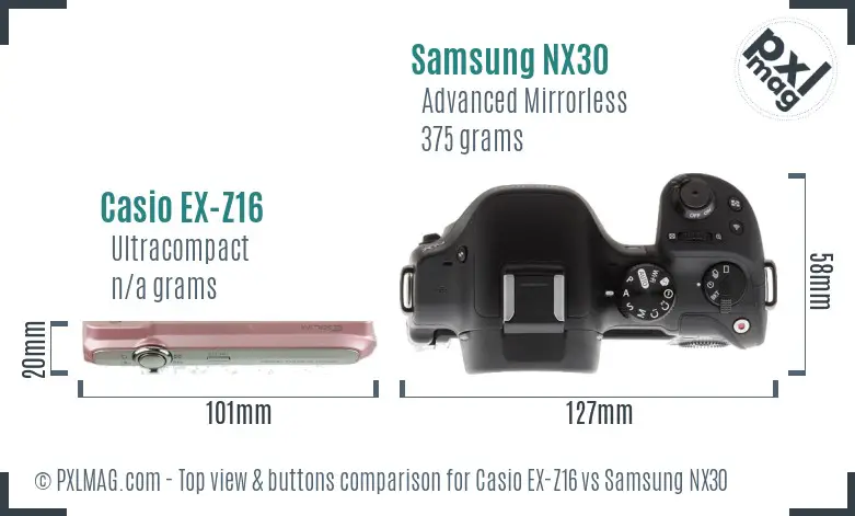 Casio EX-Z16 vs Samsung NX30 top view buttons comparison