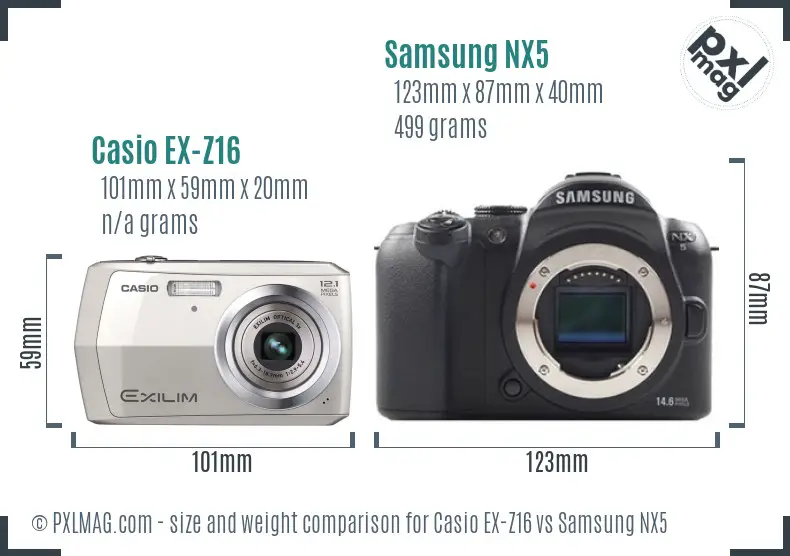 Casio EX-Z16 vs Samsung NX5 size comparison