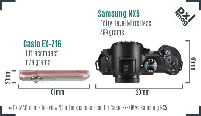 Casio EX-Z16 vs Samsung NX5 top view buttons comparison