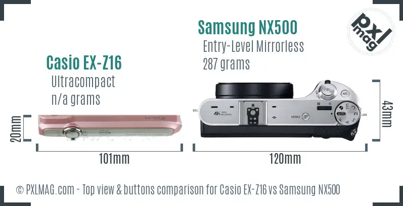 Casio EX-Z16 vs Samsung NX500 top view buttons comparison