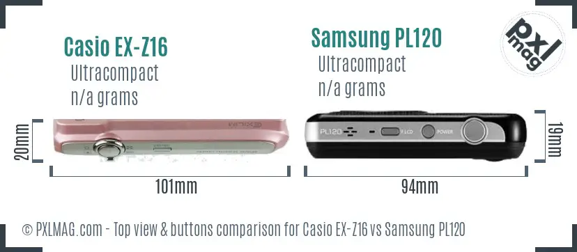 Casio EX-Z16 vs Samsung PL120 top view buttons comparison