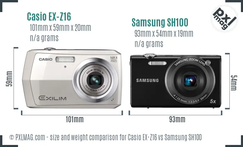 Casio EX-Z16 vs Samsung SH100 size comparison
