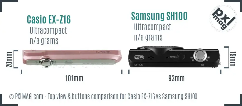 Casio EX-Z16 vs Samsung SH100 top view buttons comparison