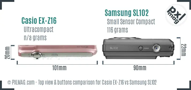 Casio EX-Z16 vs Samsung SL102 top view buttons comparison Casio EX-Z16 vs Samsung SL102 top view buttons comparison