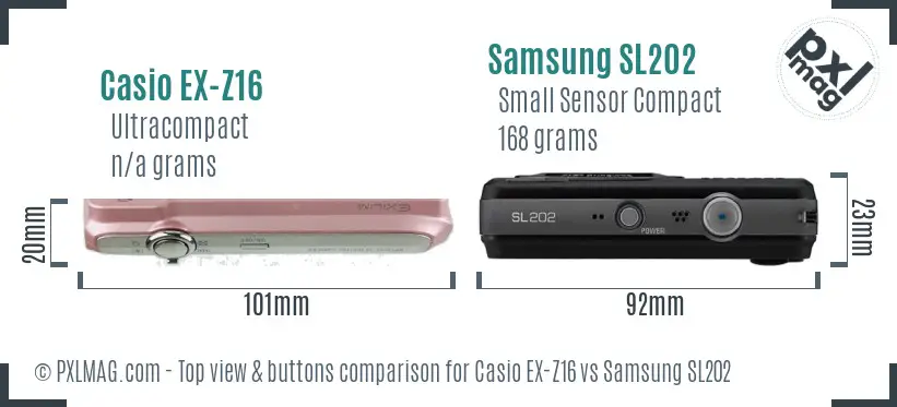 Casio EX-Z16 vs Samsung SL202 top view buttons comparison Casio EX-Z16 vs Samsung SL202 top view buttons comparison