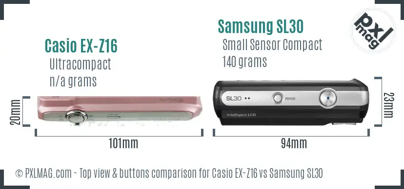 Casio EX-Z16 vs Samsung SL30 top view buttons comparison