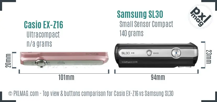 Casio EX-Z16 vs Samsung SL30 top view buttons comparison Casio EX-Z16 vs Samsung SL30 top view buttons comparison