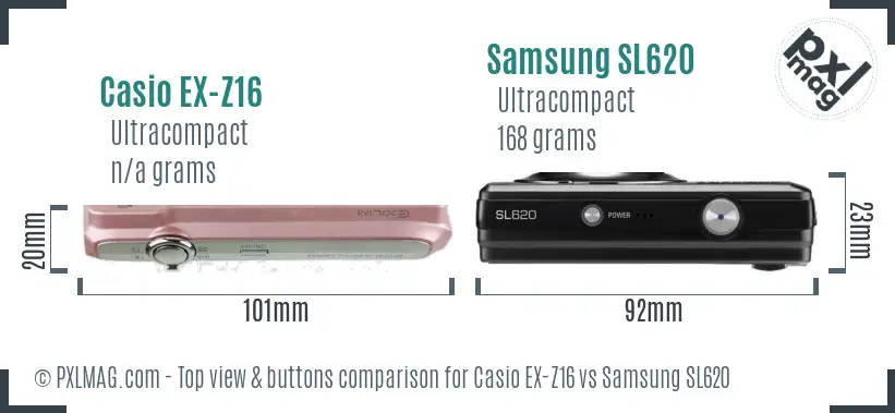 Casio EX-Z16 vs Samsung SL620 top view buttons comparison