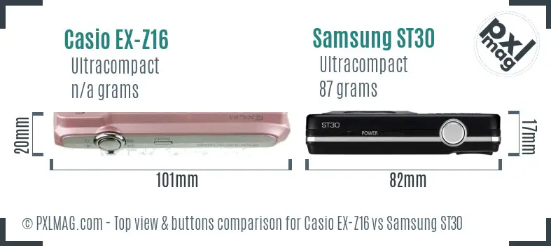 Casio EX-Z16 vs Samsung ST30 top view buttons comparison