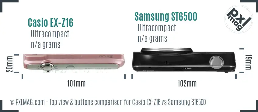 Casio EX-Z16 vs Samsung ST6500 top view buttons comparison