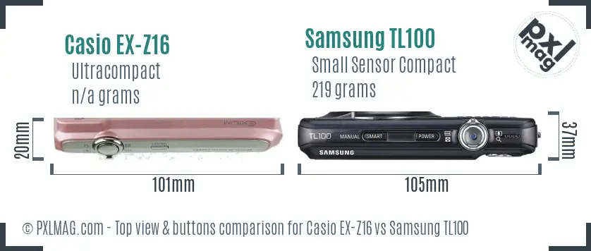 Casio EX-Z16 vs Samsung TL100 top view buttons comparison