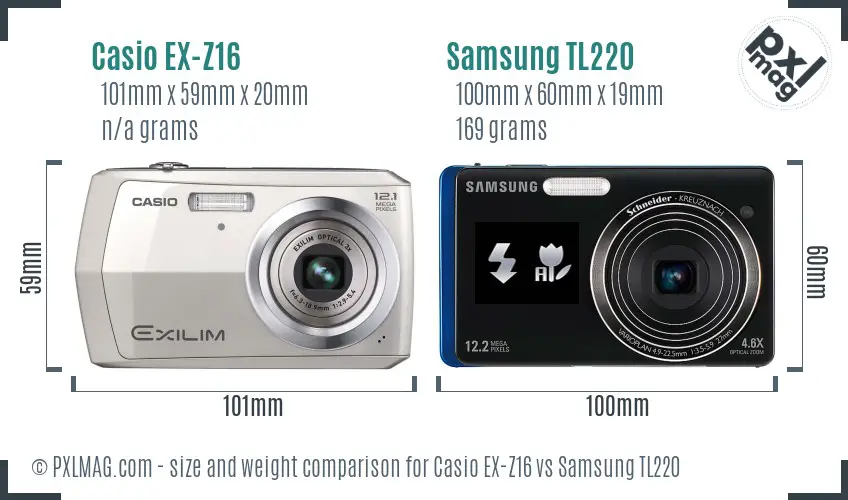 Casio EX-Z16 vs Samsung TL220 size comparison