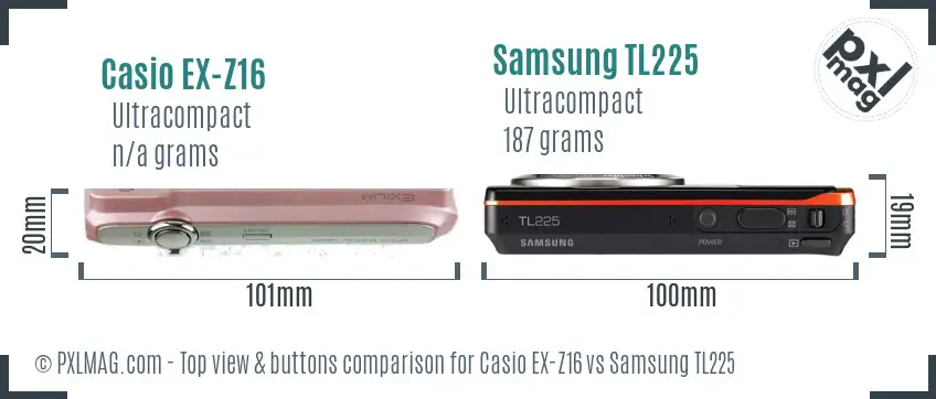 Casio EX-Z16 vs Samsung TL225 top view buttons comparison Casio EX-Z16 vs Samsung TL225 top view buttons comparison
