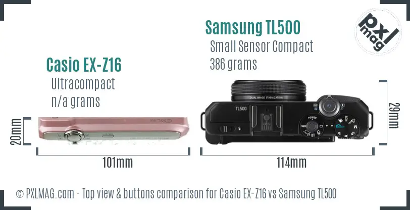 Casio EX-Z16 vs Samsung TL500 top view buttons comparison