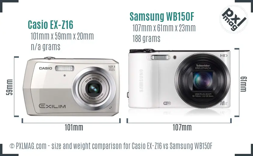 Casio EX-Z16 vs Samsung WB150F size comparison