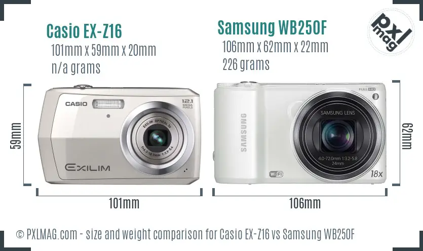 Casio EX-Z16 vs Samsung WB250F size comparison