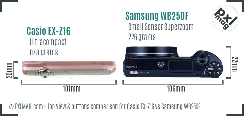 Casio EX-Z16 vs Samsung WB250F top view buttons comparison