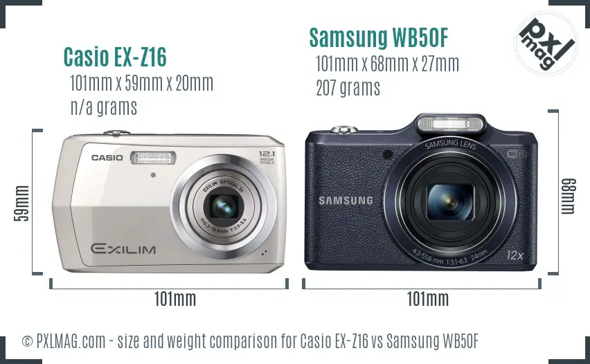 Casio EX-Z16 vs Samsung WB50F size comparison Casio EX-Z16 vs Samsung WB50F size comparison