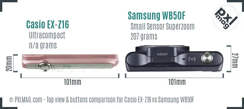 Casio EX-Z16 vs Samsung WB50F top view buttons comparison Casio EX-Z16 vs Samsung WB50F top view buttons comparison