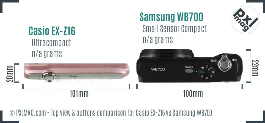 Casio EX-Z16 vs Samsung WB700 top view buttons comparison Casio EX-Z16 vs Samsung WB700 top view buttons comparison