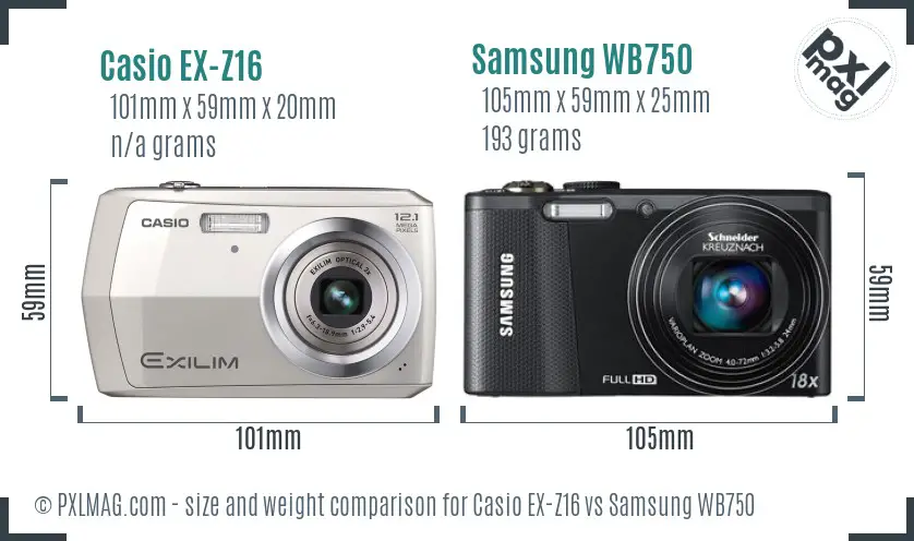 Casio EX-Z16 vs Samsung WB750 size comparison
