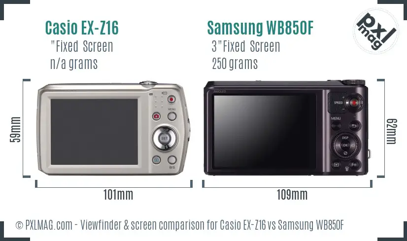 Casio EX-Z16 vs Samsung WB850F Screen and Viewfinder comparison Casio EX-Z16 vs Samsung WB850F Screen and Viewfinder comparison