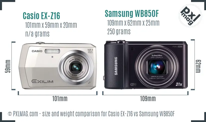 Casio EX-Z16 vs Samsung WB850F size comparison Casio EX-Z16 vs Samsung WB850F size comparison