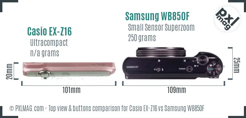 Casio EX-Z16 vs Samsung WB850F top view buttons comparison Casio EX-Z16 vs Samsung WB850F top view buttons comparison