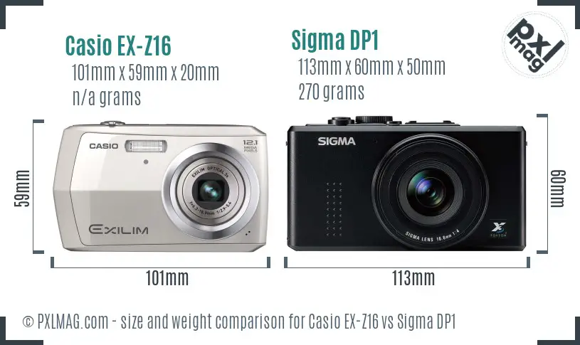 Casio EX-Z16 vs Sigma DP1 size comparison