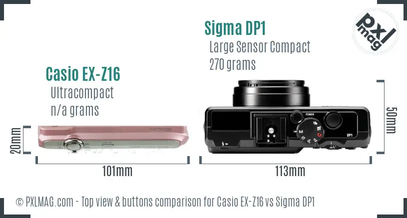 Casio EX-Z16 vs Sigma DP1 top view buttons comparison