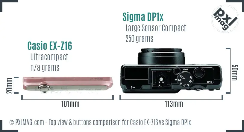 Casio EX-Z16 vs Sigma DP1x top view buttons comparison Casio EX-Z16 vs Sigma DP1x top view buttons comparison