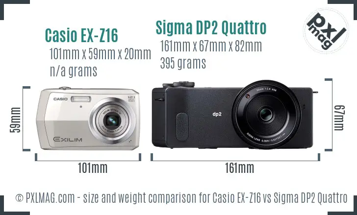 Casio EX-Z16 vs Sigma DP2 Quattro size comparison