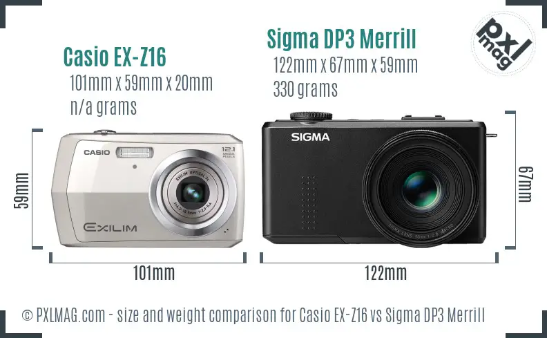 Casio EX-Z16 vs Sigma DP3 Merrill size comparison