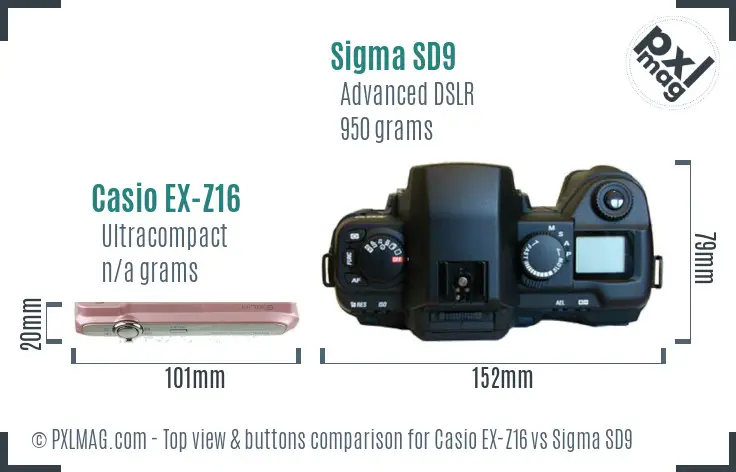 Casio EX-Z16 vs Sigma SD9 top view buttons comparison Casio EX-Z16 vs Sigma SD9 top view buttons comparison