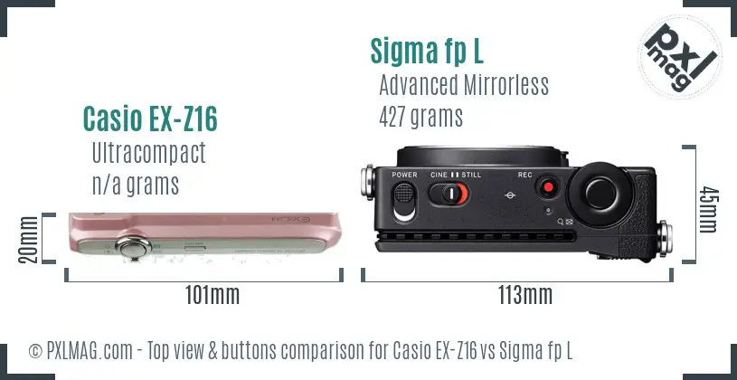 Casio EX-Z16 vs Sigma fp L top view buttons comparison
