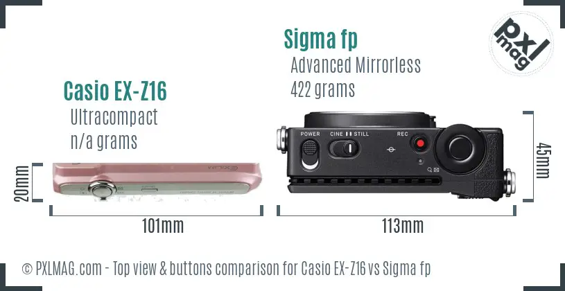 Casio EX-Z16 vs Sigma fp top view buttons comparison